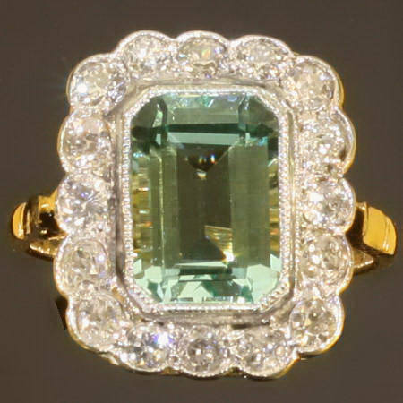 Late Victorian old mine cut diamonds with central beryl engagement ring