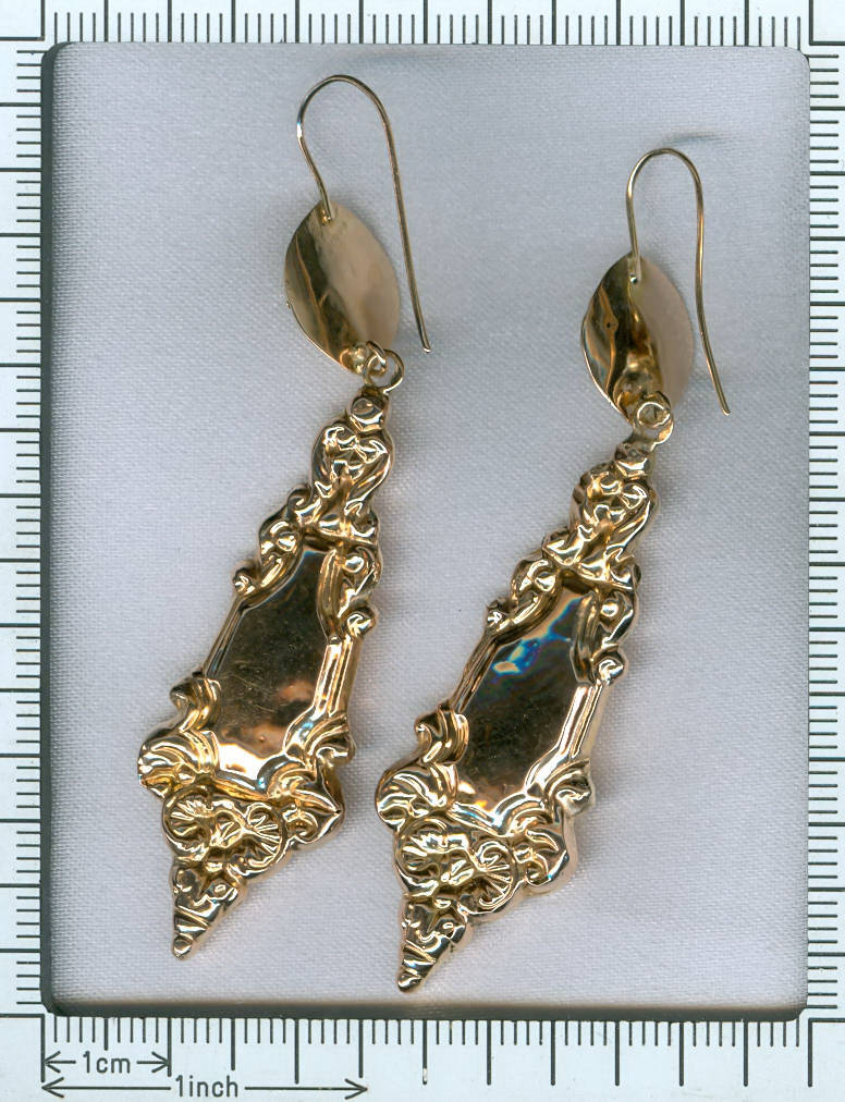 Antique enamel gold dangle earrings, Victorian era, Images by Adin