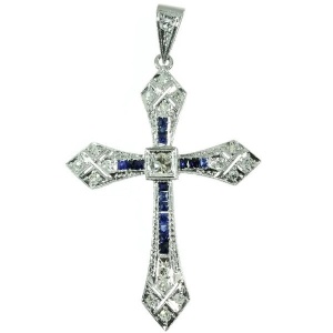 platinum and cross epoque  platinum Art belle pendant   cross diamonds deco pendant sapphires