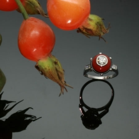 Art Deco blood coral ring diamond black onyx French jewelry