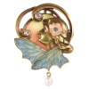 Pendentif Art Nouveau d'or avec des diamants perle et turquoise