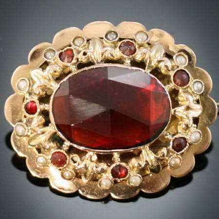 14K/18K GOLD DUTCH GARNET & PEARL BROOCH-1880
