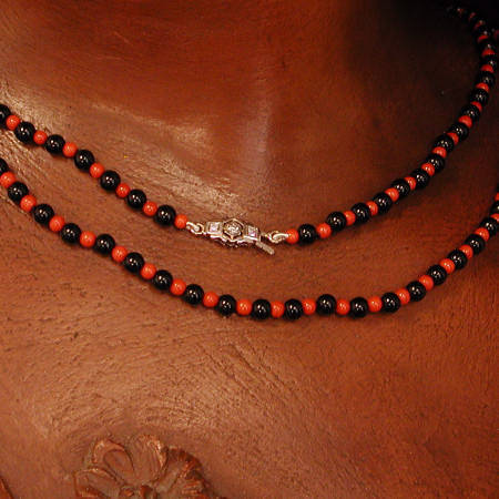 Vintage blood coral beaded rope necklace diamond clasp