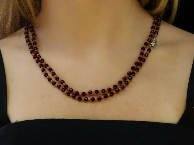 Vintage blood coral beaded rope necklace diamond clasp
