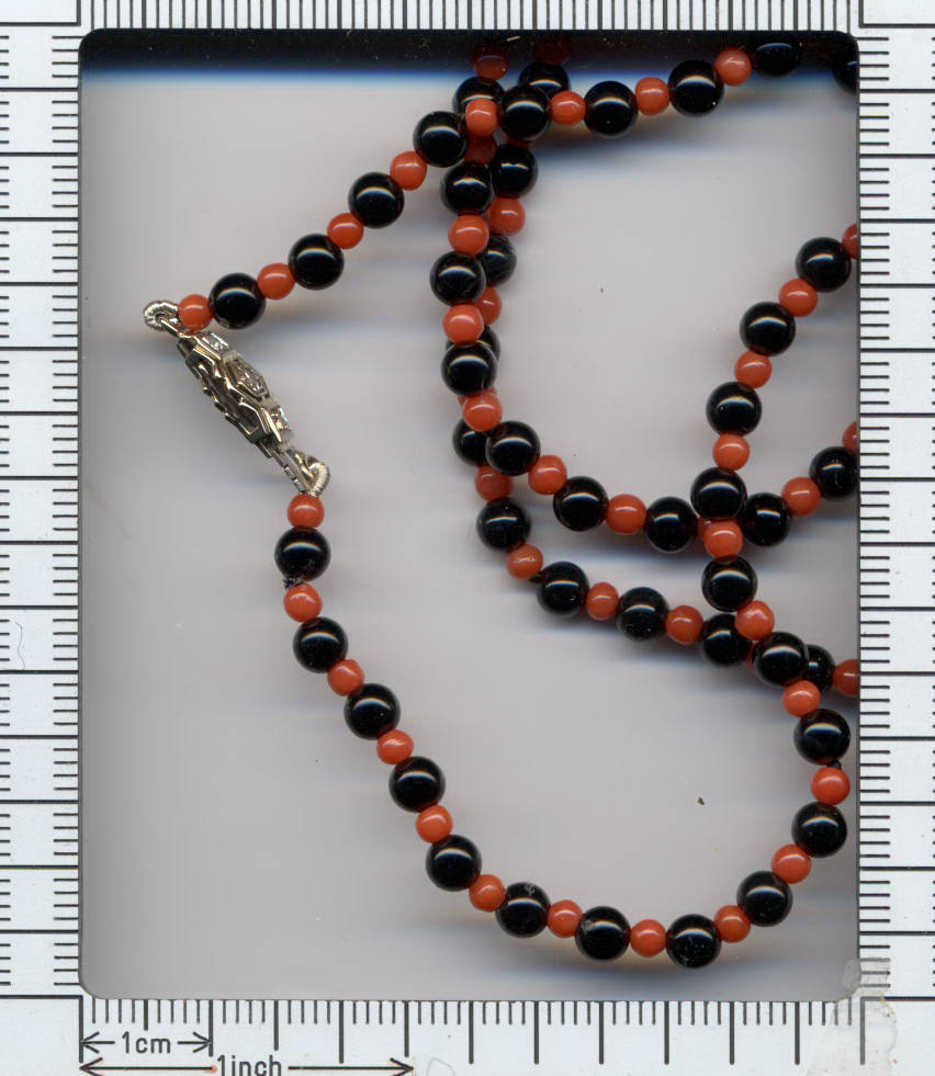 Vintage blood coral beaded rope necklace diamond clasp