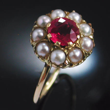 Victorian ruby engagement ring with pearls