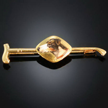 SPORTY 18K ENAMELLED DOG & STICK BAR BROOCH