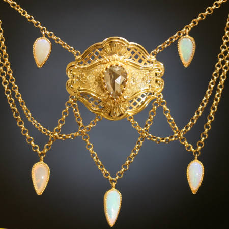 Victorian gold  bow chain with big rose cut and opal