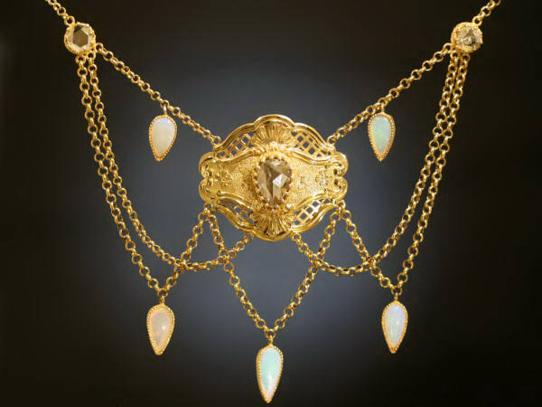 Victorian gold  bow chain with big rose cut and opal
