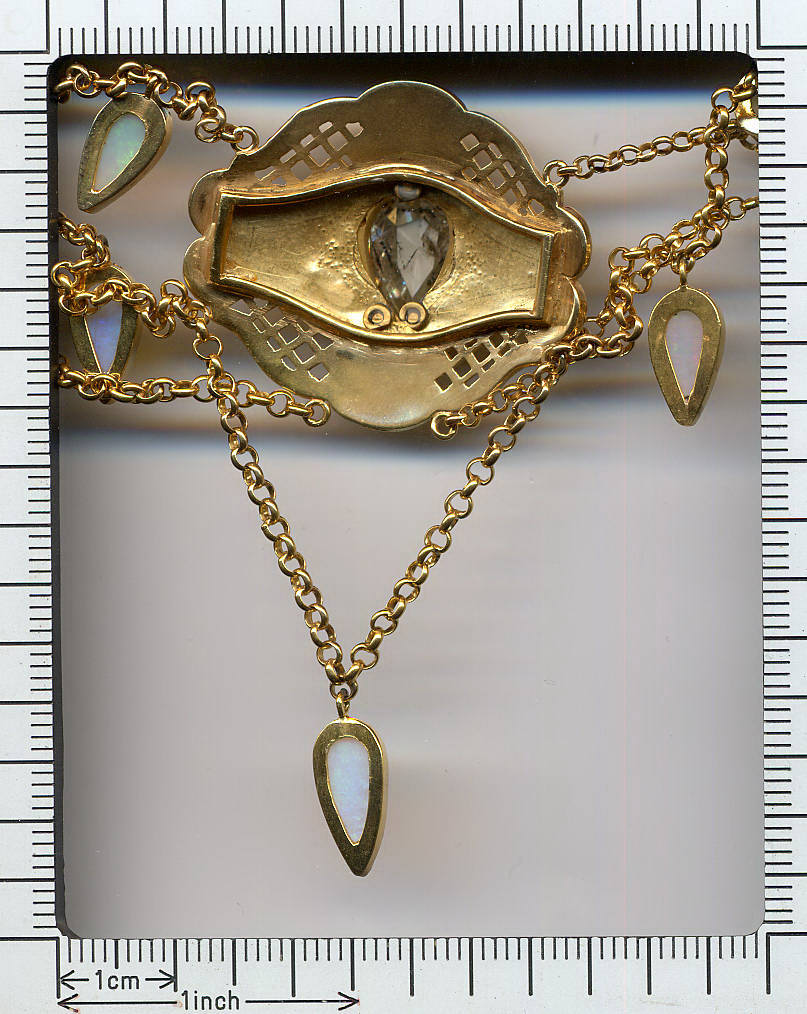Victorian gold  bow chain with big rose cut and opal