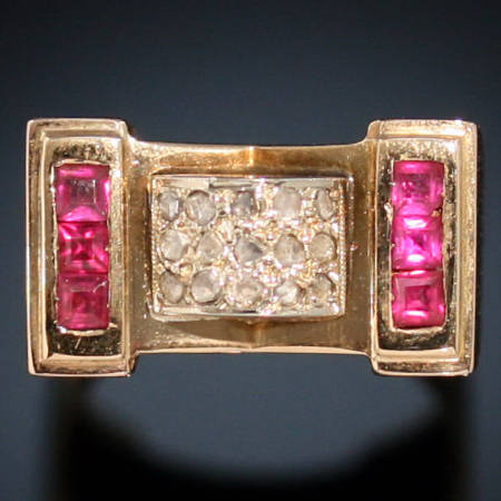 Pink gold diamonds and rubies Retro ring