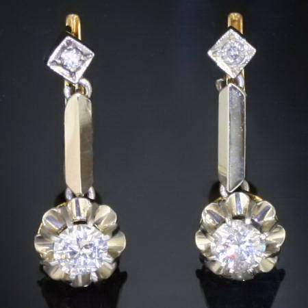 Two-tone gold vintage dangle earrings diamond set