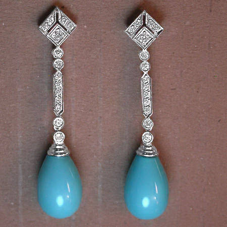 Long hanging diamond earrings with turquoise (07026-4387)