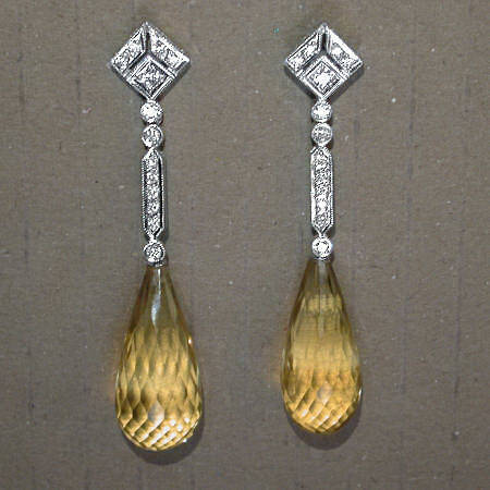 Long hanging diamond earrings with citrine (07031-4335)