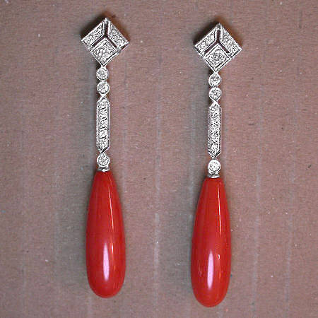Long hanging diamond earrings with coral (07031-4336)