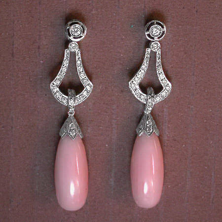 Long hanging diamond earrings with angel skin coral (07031-4342)