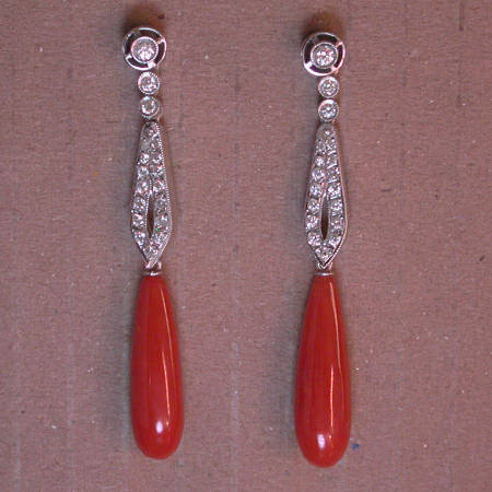 Long hanging diamond earrings with coral (07031-4351)