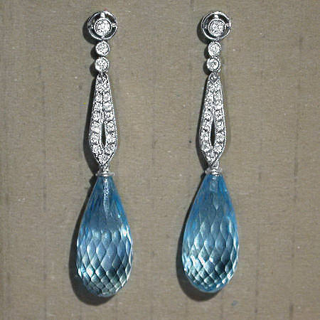 Long hanging diamond earrings with blue topaz (07031-4390)