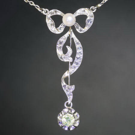 Diamonds pearl knot pendant Princess necklace, Art Nouveau jewelry