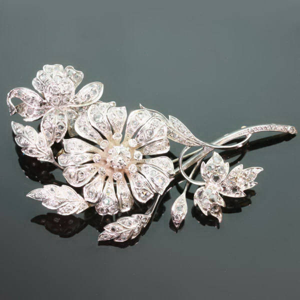 Huge Victorian rose cut diamond flower brooch