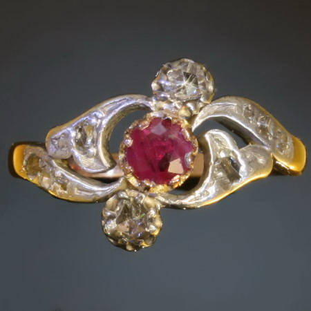 Victorian ring with rose cut diamonds and ruby