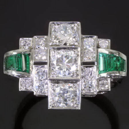 Platinum Art Deco brilliants emeralds engagement ring