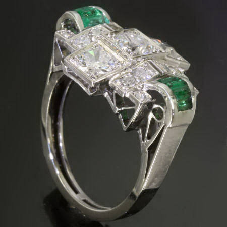 Platinum Art Deco brilliants emeralds engagement ring (image 2 of 5)