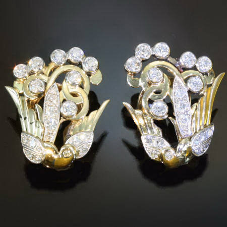 Vintage diamond gold post earrings, birds of paradise