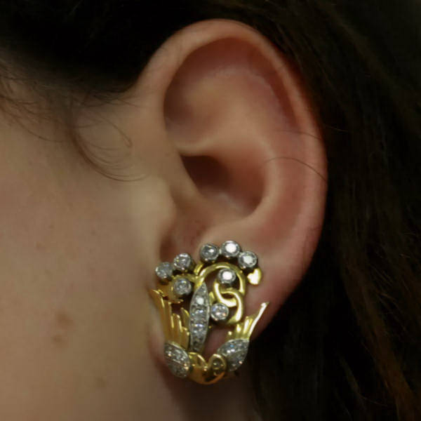 Vintage diamond gold post earrings, birds of paradise