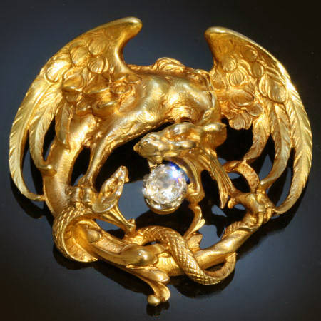 Gold griffin fighting over sparkling diamond egg with serpent
