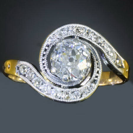 Victorian tourbillon engagement ring with big brilliant old mine cut diamond