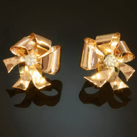 Bow gold diamond stud earrings, Retro jewelry
