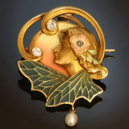 Art Nouveau plique a jour enamel brooch - pendant with diamonds and a pearl