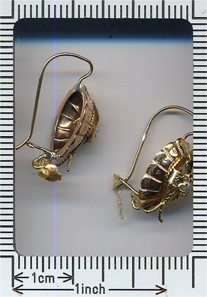Dutch antique earrings, Victorian bi-color gold with real orient half seed pearl