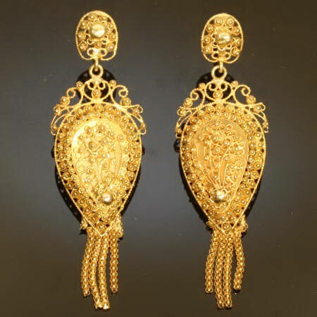 Antique yellow gold filigree dangle earrings, Victorian style, Images ...