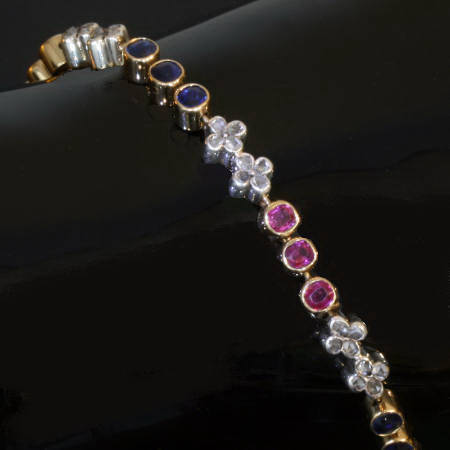 Victorian line or tennis bracelet with ruby, sapphire and rose cut diamonds