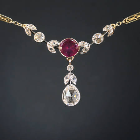 Late Victorian big rose cut diamond pendant with old cut diamonds and garnet