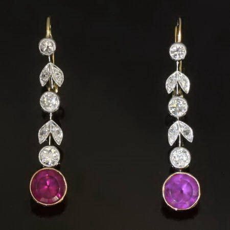 Late Victorian long pendent earrings with rose and old cut diamonds and garnets