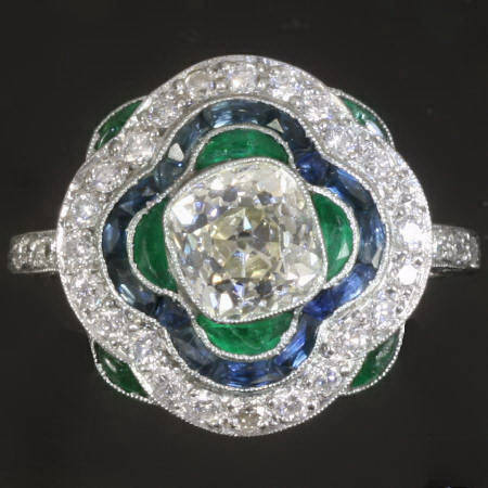 Platinum diamond sapphires and emeralds Art Deco inspired engagement ...