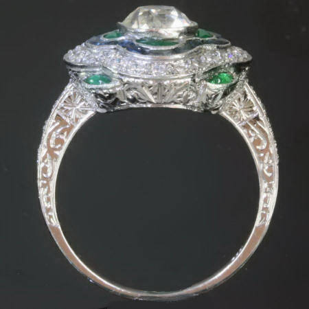Platinum diamond sapphires and emeralds Art Deco inspired engagement ring