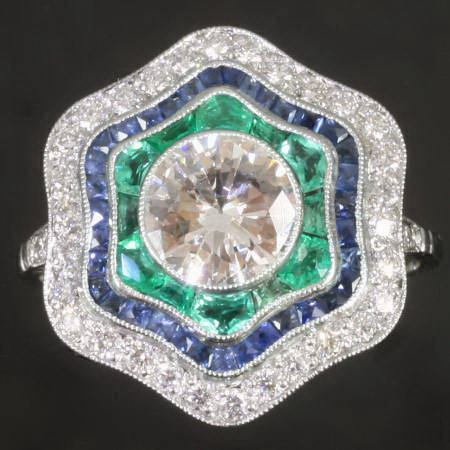 Art Deco inspired diamond sapphires and emeralds platinum engagement ring