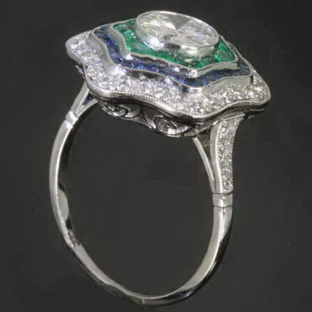 Art Deco inspired diamond sapphires and emeralds platinum engagement ring