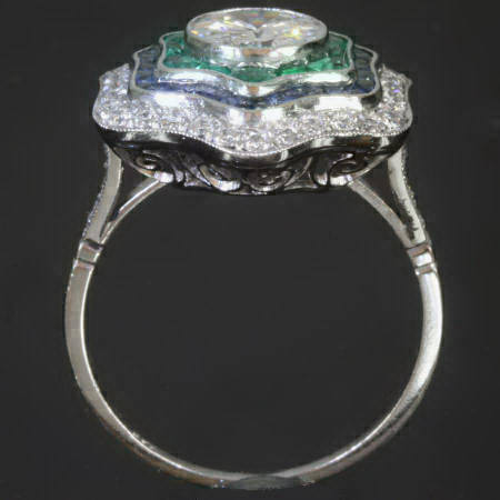 Art Deco inspired diamond sapphires and emeralds platinum engagement ...