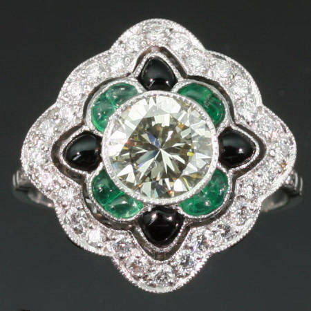 Platinum diamond sapphires and emeralds engagement ring, Art Deco inspired