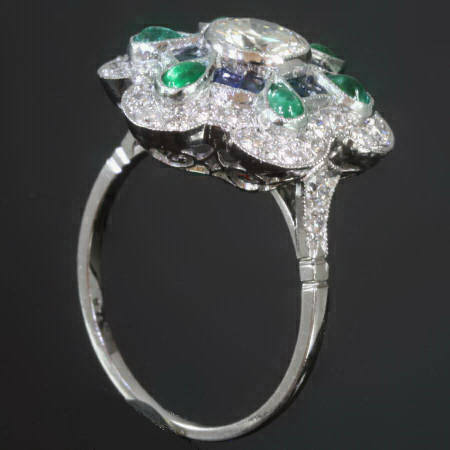 Platinum Art Deco inspired diamond sapphires and emeralds estate engagement ring