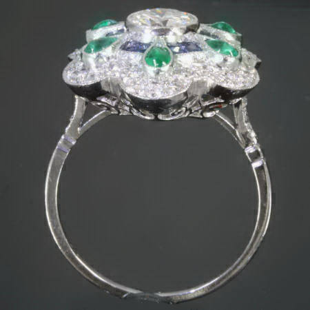 Platinum Art Deco inspired diamond sapphires and emeralds estate engagement ring
