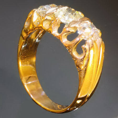 Yellow gold Victorian three old mine cut diamonds mens ring (image 2 of 5)