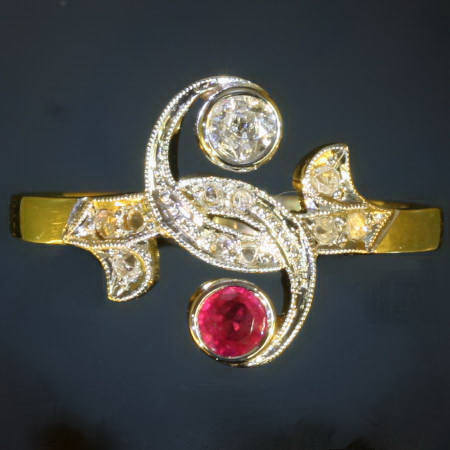 Late Victorian two tone golden diamonds and ruby toi and moi ring