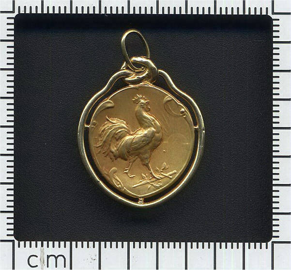 Gold antique pendant rooster and Hermes with winged helmet, signed Dropsy (image 4 of 4)