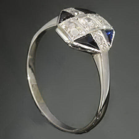 Interesting white gold Art Deco engagement ring with diamonds and sapphires